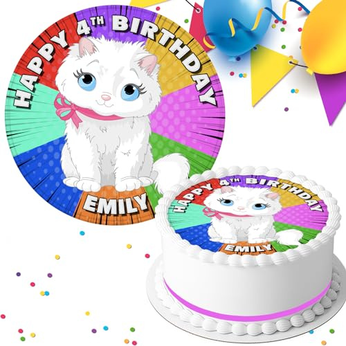 COLOURFUL CUTE WHITE CAT BIRTHDAY PERSONALISED 7.5 INCH EDIBLE ICING CAKE TOPPER DECORATION SV-032