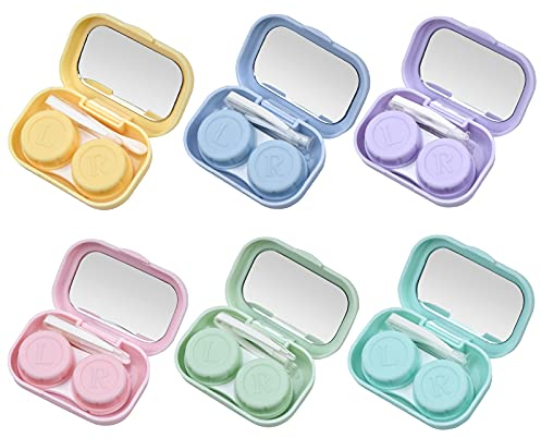 Jinlaili Contact Lens Case with Mirror 6 Pack, Portable Contact Lens Storage Soaking Case, Contact Lens Box with Contact Lens Tweezers Stick Tool, Contact Lens Container with L and R Caps, 6 Color