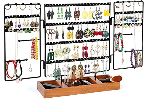 QILICZ Présentoir à boucles d'oreilles, porte-bijoux, porte-bijoux mobile et plateau en bois – Organisateur de boucles d'oreilles avec bague et chaînes Étagère à bijoux pour boucles d'oreilles