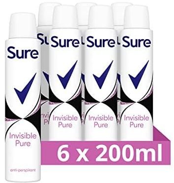 Sure Invisible Pure Anti-Perspirant Aerosol deodorant for women that protects against white marks and yellow stains for 48-hour sweat and odour protection 6x 200 ml