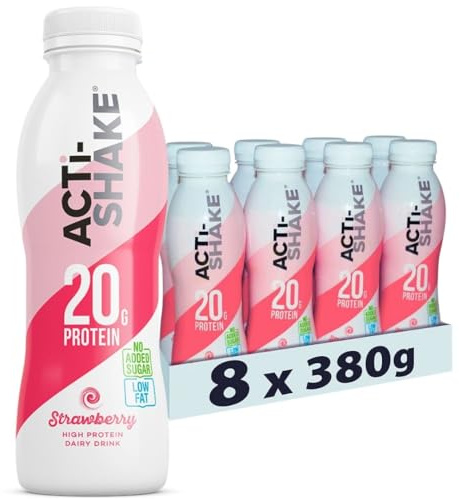 Acti-Shake Strawberry High Protein Dairy Drink 380g (Pack of 8) - 20g of Protein per bottle - Ready to Drink - Low Fat and No Added Sugars -Suitable for vegetarians- Multipack
