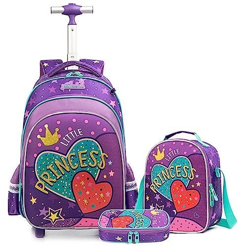 Egchescebo Schulkinder Rollrucksack für Mädchen mit Rädern Trolley Räder Rucksäcke, Lila 3, 16', Reiserucksäcke