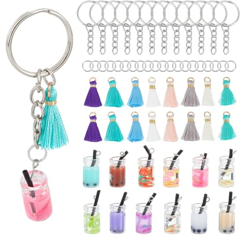 OLYCRAFT 60 Stück Bubble Tea Schlüsselanhänger Kit Bunte Schlüsselanhänger Milchtee Schlüsselanhänger Zubehör Mit Quasten Schlüsselanhänger Ringe Für DIY Schlüsselanhänger Schmuckherstellung