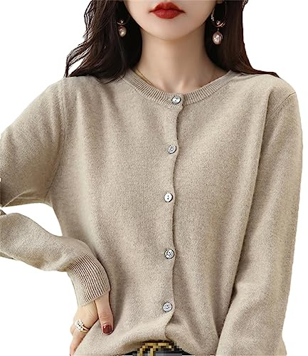Cárdigan de cachemira para mujer, cuello redondo, suéter de punto suave para primavera, otoño e invierno, manga larga, color liso