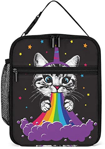 Lawenp Insulated Lunch Box Kitten Pukes Rainbow Small Lunch Cooler Bag Unicorn Horn Stars Reusable Thermal Meal Container Tote for Work Travel Picnic