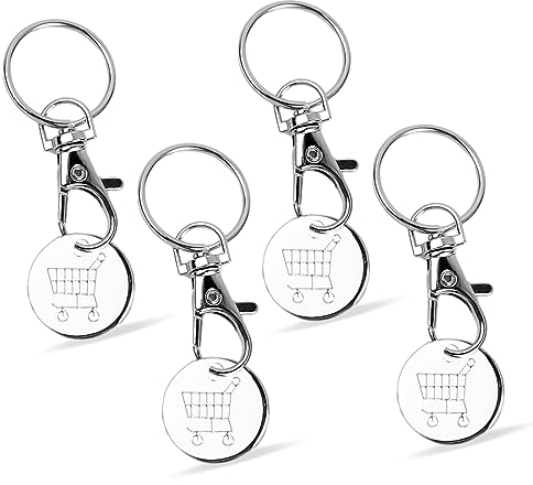 Pagezol 4PCS Trolley Coin Keyring Set, Shopping Trolley Token, Trolley Tokens for Supermarket, Cart Trolley Key, Stainless Steel Round Shaped Trolley, Cart Keychain, Removable Shopping Keychain