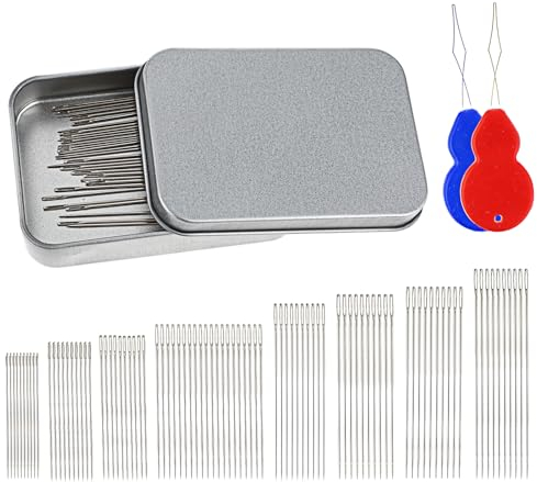 Prasacco 90 agujas de bordado de ojos grandes, 8 tamaños, agujas de coser a mano, aguja de cuero, aguja de hilo de bordar, agujas de tejer de hilo de acero inoxidable con 2 enhebradores para