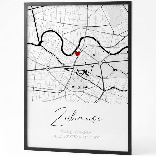 Papierschmiede® Einzugsgeschenk Bild für Haus und Wohnung DIN A4 (21x30 cm) Rahmen wählbar, Personalisiertes Koordinaten Poster Landkarte Einweihungsgeschenk, Geschenke für Familie zum Einzug