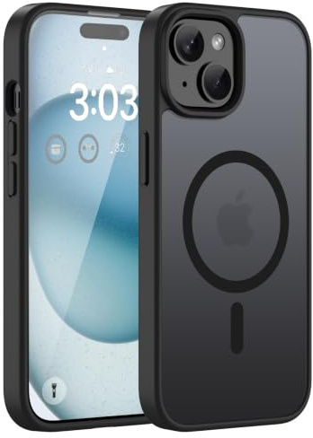 ORDA Magnetische Hülle für iPhone 15, Kompatibel mit MagSafe, Schwarz | Durchscheinend Rückseite, Matt Handyhülle, Stoßfest Kratzfeste Schutzhülle