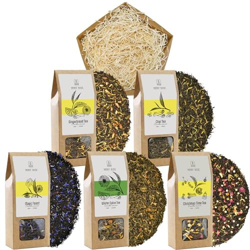 Service cadeau avec thé Mary Rose | Thé réchauffant l'hiver | Thé noir, thé vert, assam, yunnan | Clous de girofle, gingembre, cannelle, cardamome | 5x50g
