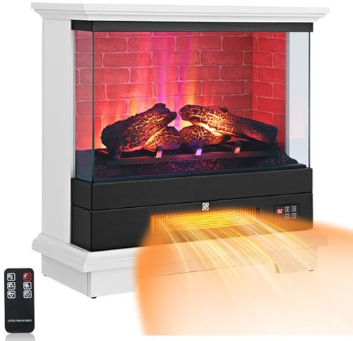 GiantexUK 27”/68cm Electric Fireplace, 3-Sided Fire Heater with 3-Level Flame Effect, Adjustable Temperature, Timer & Overheat Protection, Freestanding Stove Fire Surrounds, 1800-2000W (White)
