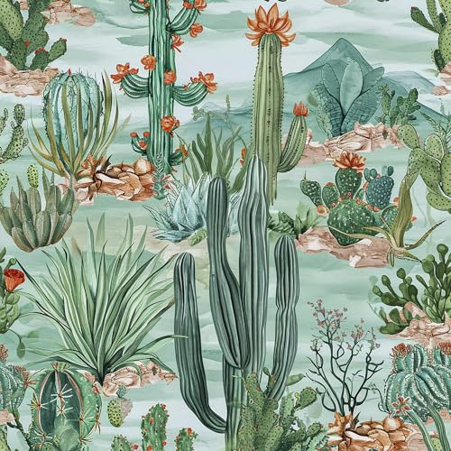 REDAMANCY Boho Cactus Desert Watercolor Tropical Plants Peel and Stick Wallpaper Vintage Wall Paper Stick on Contact Paper Easy Peel Off for nightstand Drawer Renter Friendly 17.7x236
