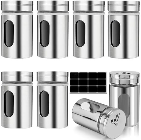 Set di 8 barattoli per spezie, 80 ml, con regolazione a 3 posizioni, con etichette, spargispezie con coperchio in acciaio inox di alta qualità, mini spargispezie in vetro, contenitore per sale e pepe,