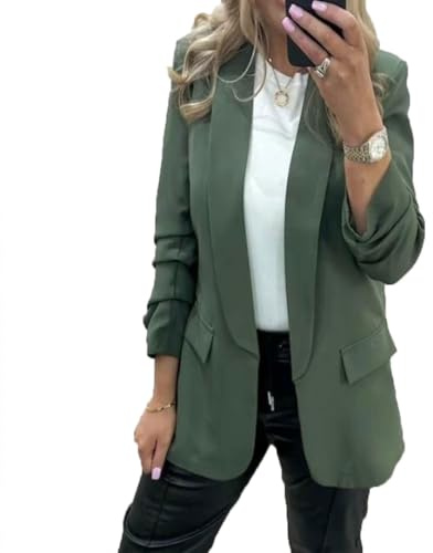 FAIRY BOUTIQUE Womens Plain Open Front Frill Ruffle Duster Coat Ladies 3/4 Sleeve Pockets Jacket Blazer Khaki