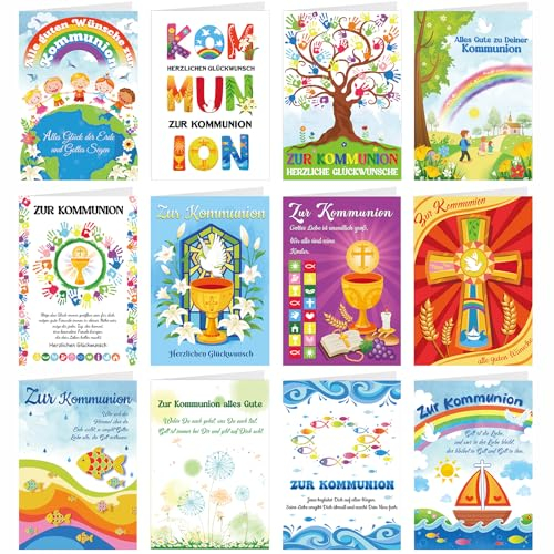 HOWAF 12 Stück Kommunionskarten mit Umschlag, Kommunionkarten Glückwunschkarte zur Kommunion, Karte zur Kommunion, Kommunionskarte, Erstkommunion Geschenke, Kommunion Geschenke für Jungen Mädchen, A