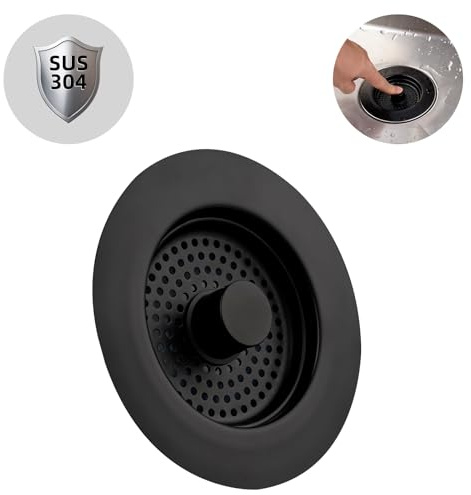 Hibbent Spülbecken Stopfen, Küche Spüle Sieb und Stopfen Combo, Edelstahl Stopfen und Sieb, Anti-Clogging, Küche Spüle Sieb Stecker, und verhindern Gerüche-Spülen Tiefe > 28mm-Schwarz
