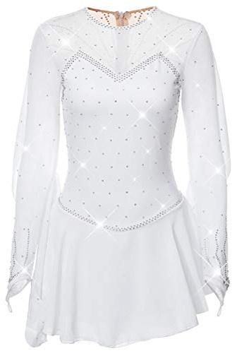 YDHTIZ Klassisches Mädchen Eiskunstlauf Kleid Eislauf Wettkampf Kostüm Einfarbige Trikots Für Rhythmische Gymnastik Mit Kristall Roller Performance-Skating,Weiß,XXXL