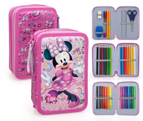 Ragusa-Trade Minnie Maus, 3-Fach Federtasche Federmappe, 44 TLG. gefüllt für Jungen Mädchen Kinder, rosa/pink, 20 x 12,5 x 5,5 cm