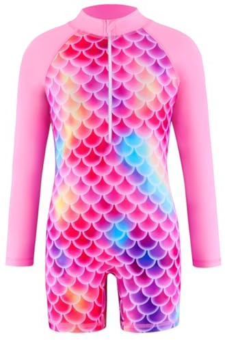 BOVOSHA Girls Mermaid Swimming Costume Kids One Piece Long Sleeve Swimsuit Swimwear Age 3-14 Years (Red, 5-6T)