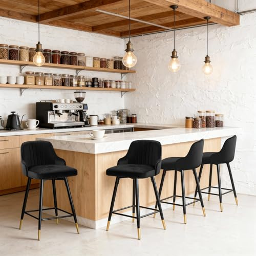 Bekrvio Samt Barhocker 4er Set, Drehbarer 360°Drehsessel, Höhen 65cm Gepolstert Barstuhl mit Lehne, Modernen Küchenstühle Modern für Küche, Tresen, Bar, Esszimmer