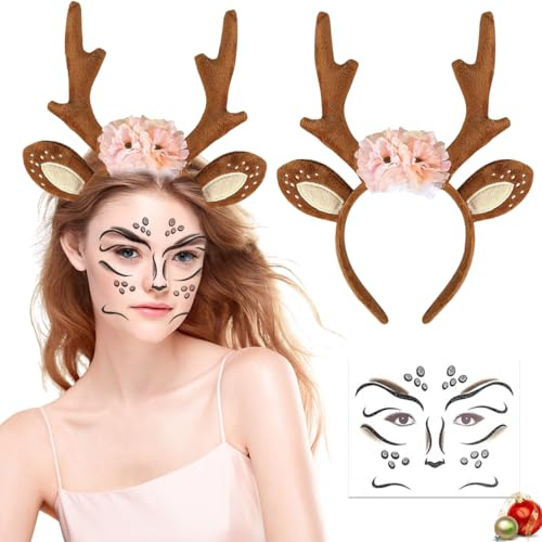 WELLXUNK Karneval Kostüm Damen Mädchen, Haarreif Reh Geweih Hörner Rehohren mit Blumen + Reh Gesichtstattoo, Reh Haarband Haarschmuck, Damen Kinder Reh kostüm Kopfschmuck für Fasching Mottoparty
