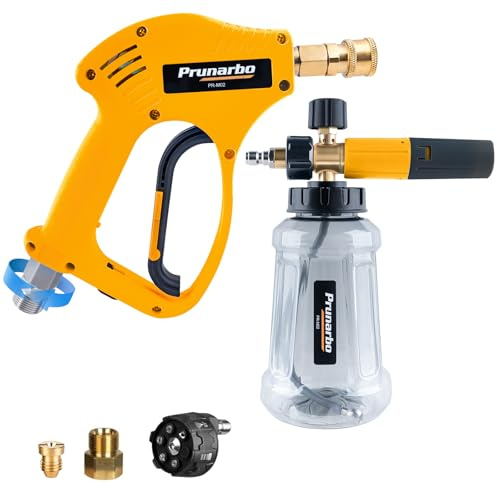 Prunarbo Stubby Pressure Washer Gun with Snow Foam Cannon, Adaptor Compatible with Karcher K2-K7, 6 in 1 Spray Nozzle Tips, 1L Foam Bottle (PR-M02-B)