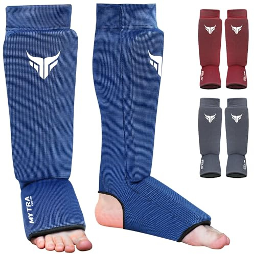 Mytra Fusion Kickboxen Schienbeinschützer Leichter Schienbein Spann Bewachen dehnbar gepolsterte Training Schienbeinschoner Muay Thai, MMA Schienbeinschoner Männer und Frauen (Blue, S/M)