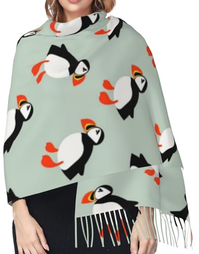 Hceaatb Damen-Schal, niedlicher Papageientaucher, Seevögel, modisch, Winter, warm, Kaschmirschal, Fransenschal, Schwarz , Einheitsgröße