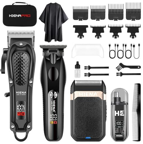 HIENA PRO Profi Haarschneidemaschine Set für Männer, Schnurloses Haarschneider, Folienrasierer, Barttrimmer, Nasentrimmer Komplettes Set, Elektrischer Haarschneide-Kit mit 7 Führungskamm (212 Set)