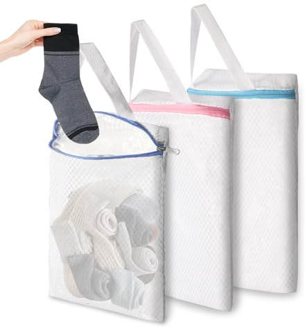3 PACK Hanging Mesh Laundry Bags with S Metal Hooks,10x12 Inch Hanging Socks Laundry Bags, for Washing Machine
