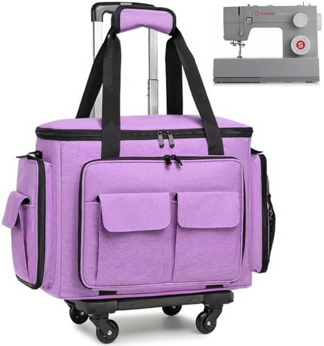 SLINRKE Nähmaschinentasche mit Rädern Nähmaschinentasche mit herausnehmbarem Bodenpolster und Mehreren Taschen, kompatibel mit Singer und Brother, Lila mit Trolley, 17.3 x 9 x 13.4 inches, Koffer mit | Mit herausnehmbarem Bodenpolster und mehreren Aufbewahrungstaschen, kompatibel mit Singer, Brother, Janome
