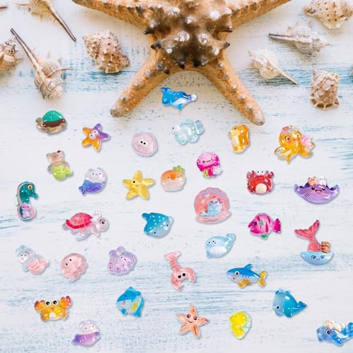 PORUPAEL 100 Stück Mini Figuren Ozean, Winzige Miniatur Meerestiere Niedliche Harz Ozean Tiere Figuren für Miniatur Landschaftsgärten, Bonsai, Fischbecken und Aquarien
