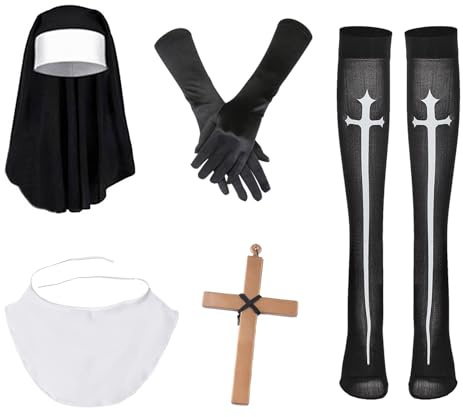 NICEYEA 5 Stück Nonne Kostüm, Frauen Zubehör, Handschuhe, Kreuz, Halskette, Socken, Hijab, Nonne Kostüm-Zubehör, religiöse Themen Halloween Mardi Gras Party Frauen-Rollenspiel