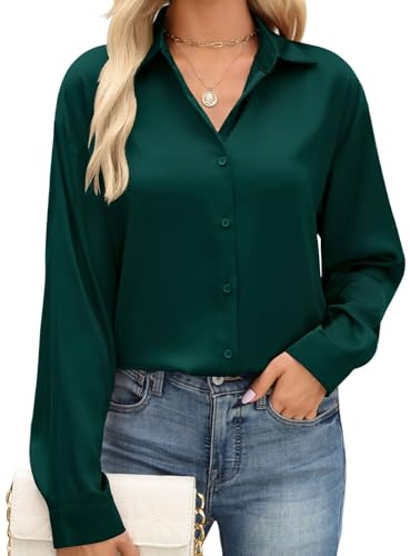 CMTOP Bluse Damen Satin Bluse V-Ausschnitt Hemden Langarmshirt Elegant Button Down Business Oberteile Longbluse Satinblusen Lässig Knöpfen Locker Tuniken (Dunkelgrün, M)