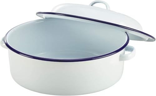 Bargain Crown 20cm White Enamel Round Roaster Dish with Lid – Heavy-Duty Casserole & Baking Pan – Vintage Style with Blue Rim – Self-Basting, Oven to Table Serving
