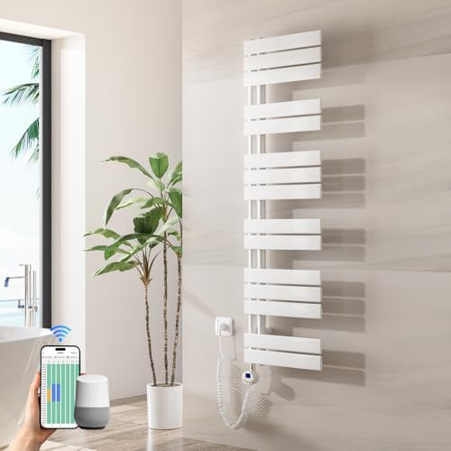 Heilmetz Badheizkörper Elektrisch WiFi 1385 x 400 mm,Flach Bad Heizkörper mit Digitalem Thermostat, Elektrischer Handtuchheizkörper Handtuchwärmer mit Timer für Badezimmer,600 Watt Weiß