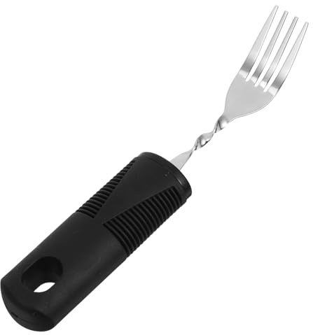 WATIIFUFU Fourchette Adaptée en Acier Inoxydable Manche Antidérapant Noir Incurvé, Ustensile de Rééducation pour Tremblements Main, Vaisselle Ergonomique pour Adultes Handicapés