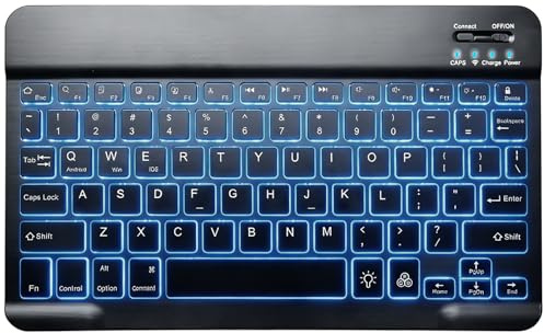 Behogan Bluetooth Tastatur mit Datenkabel, 24.6 x 14.9cm Kabellose Tablet Tastatur für iOS/Android/Windows, Wiederaufladbar Bluetooth Keyboard, Tragbare Kabellose, 7 Farben Beleuchtete, Schwarz