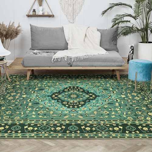 TOZVTOO Vintage Teppich Wohnzimmer Waschbarer 150 x 210 cm Kurzflor Teppich rutschfeste Unterseite Ultraweiches Boho Strapazierfähiger Deko Wohnzimmer Kinderzimmer Schlafzimmer (150×210, grün)