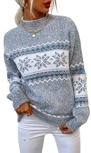 Jersey Noruego para Mujer Invierno Cálido Elegante Jersey Navidad De Punto Redondo Manga Larga Sudadera Diseño Jacquard Túnica De Gran Tamaño Elástica Básica Ropa para Mujer Otoño