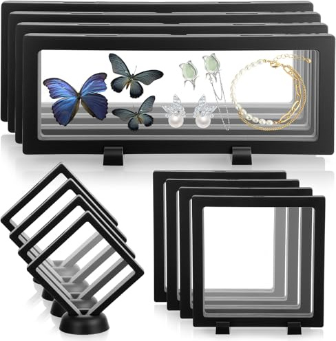 QFGasre 12 Pcs 3D Floating Display Case, Floating Frame Display Holder 3 Sizes Transparent PE Coin Displays Stand Black Jewelry Storage Box for Medal Medallions Fossil Rock Stamps
