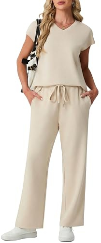 GRECERELLE Survêtement d'été à manches courtes pour femme - Tenue décontractée à col rond - Haut et pantalon de sport avec poches