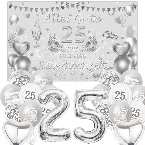Silberhochzeit Deko Luftballons Banner Set - 25 Hochzeitstag Dekoration Hintergrund und Silber Ballons, Riesen Zahlenballon für 25. Hochzeit Jahrestag Party