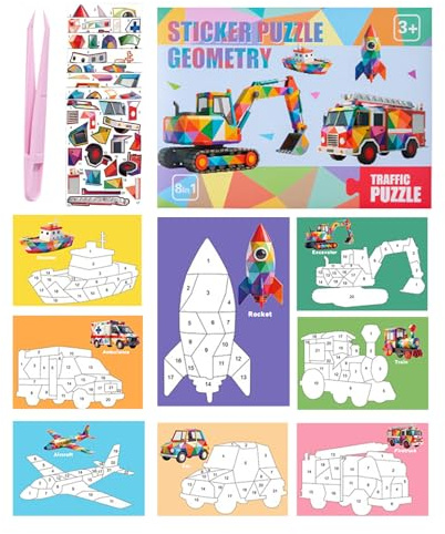 Pusselböcker klistermärken - numrerad mosaik | 3D-självhäftande collage-kit | presentidé för resor skola flickor pojkar flygplan bil jul födelsedag