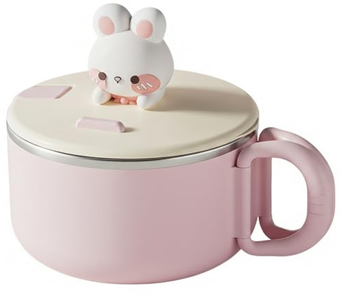 Bemonew Bol à Ramen instantané avec Couvercle 1200 ml/42 oz Grand Bol à Ramen Mignon en Forme de Lapin avec poignée et Support pour téléphone Doublure en Acier Inoxydable pour Soupe et Nouilles