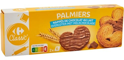 CARREFOUR CLASSIC' - Biscuits Feuilletés Palmiers Nappés de Chocolat au Lait 30,5% - le paquet de 110g - Le Lot De 4