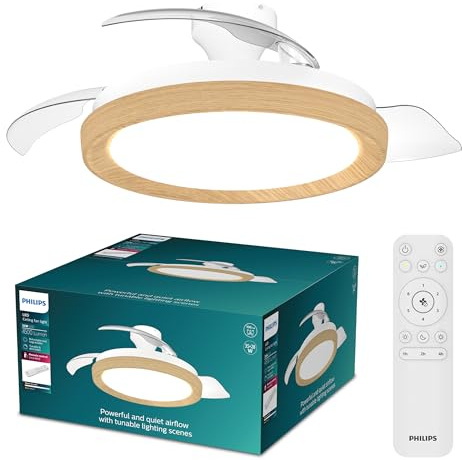PHILIPS Bliss Lámpara de Techo con Ventilador Aspas Retráctiles LED, 3 Aspas, 106 Cm de Envergadura, 4500 Lúmenes, Luz Blanca Ajustable de 3000 K a 6500 K, Regulable al 5%, Mando a Distancia, Madera