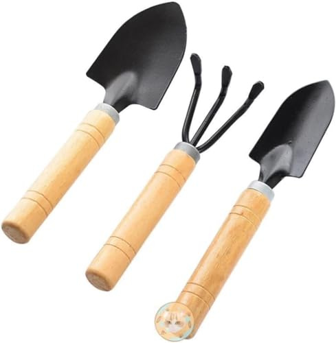 MEMEM Set Regalo di Attrezzi da Giardino, 3 Pezzi in Acciaio Inossidabile, Pala, rastrello, Vanga, Manici in Legno Duro