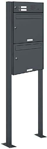 AL Briefkastensysteme 2er Standbriefkasten Anthrazitgrau RAL 7016 mit Klingel als 2 Fach Briefkastenanlage in Postkasten Doppel-Briefkasten Design modern