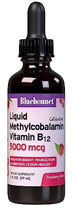 Bluebonnet Liquid Methylcobalamin Vitamin B12 5000 mcg Active Coenzyme Form of Vitamin B 12 Liquid Drops Energy Supplement for Women & Men - Vegan, Gluten-Free - Raspberry Flavor - 2 Fl Oz